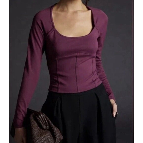 MAEVE by Anthro Slightly Cropped Ponte Corset Structured Long Sleeve Top Plum XL - Picture 1 of 10